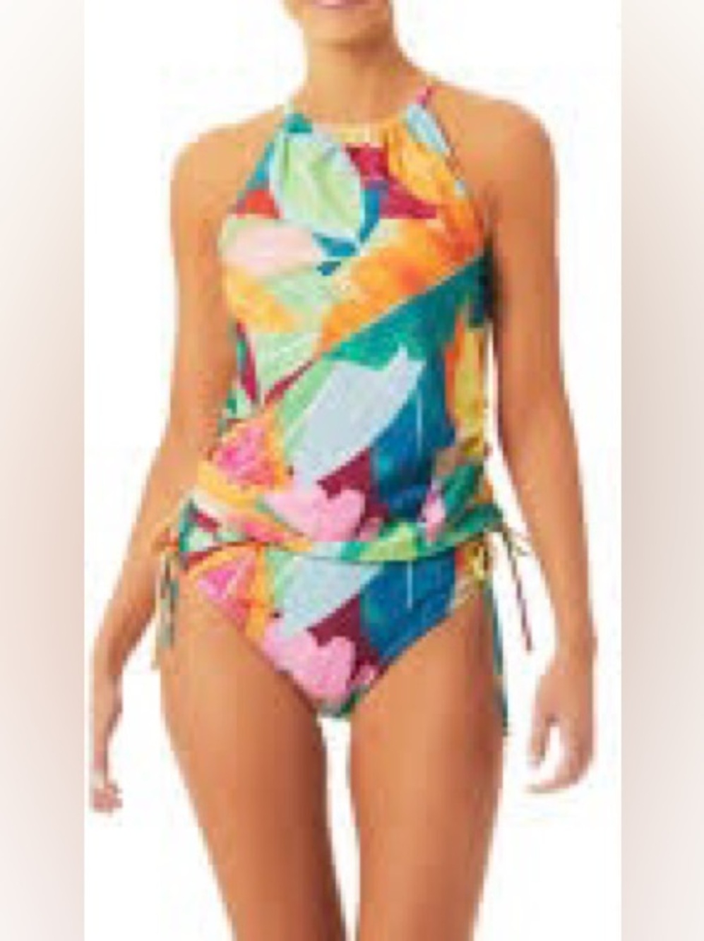 Time and Tru Multicolored Palm Leaf Print Halter Tankini Women’s L (12-14) - Picture 2 of 4